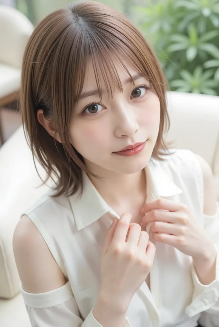 A young Japanese woman with a soft brown bob haircut and gentle expression, wearing a white off-shoulder blouse in a bright indoor setting.