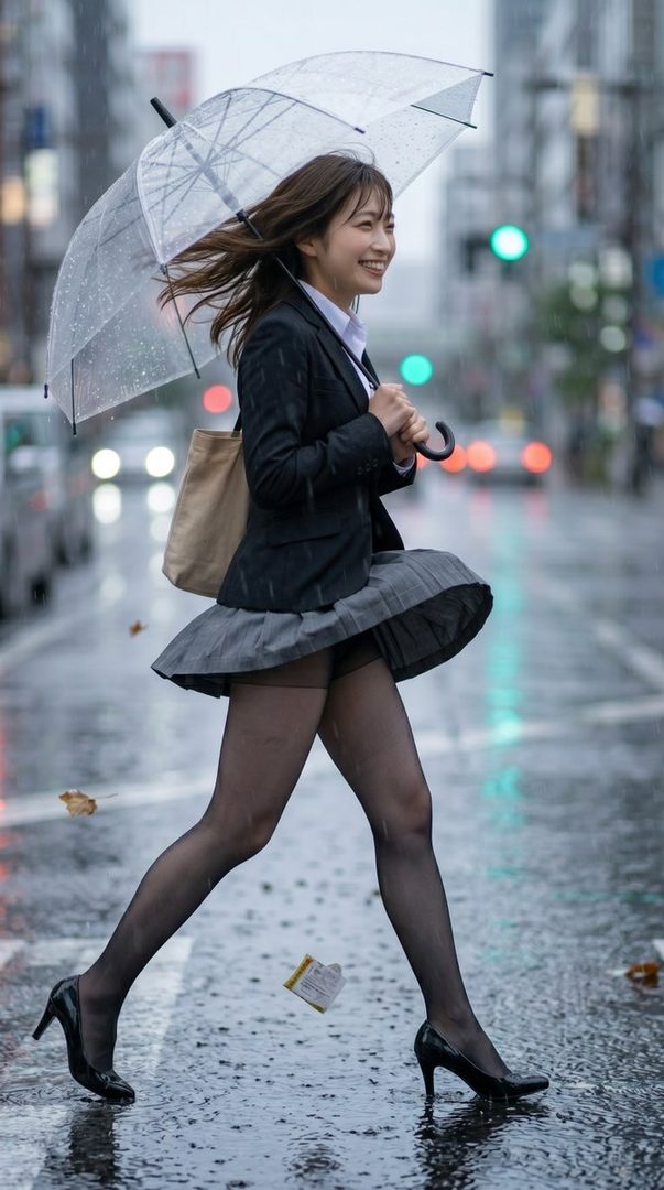 A smiling young Japanese woman in a blazer and pleated skirt walks through rain on a city street holding a transparent umbrella.