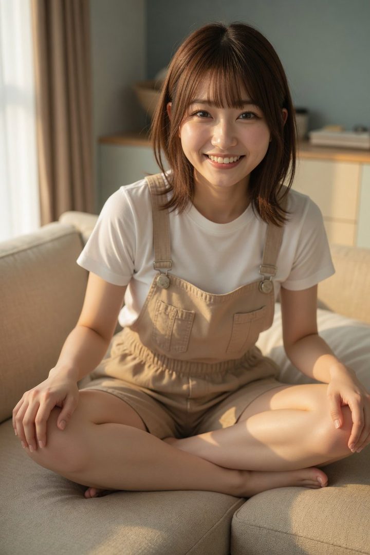 A smiling young Japanese woman with shoulder-length brown hair wearing beige overalls over a white t-shirt, sitting cross-legged on a couch in a bright living room.