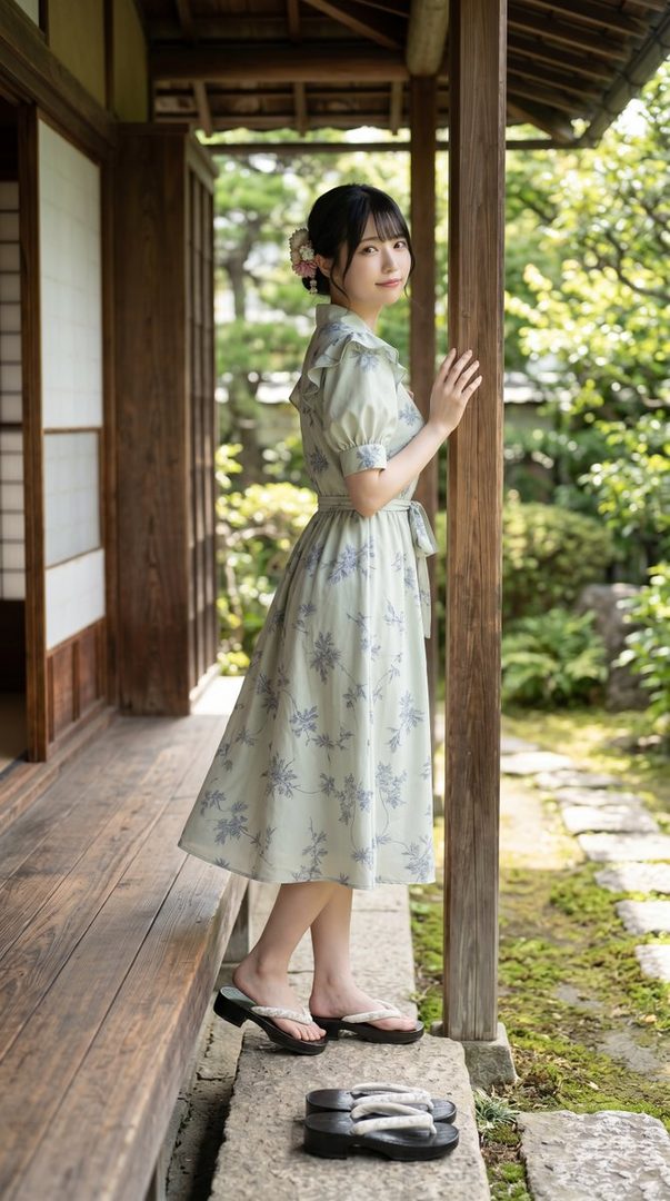 Young Japanese woman in a light floral dress posing on a wooden veranda overlooking a lush traditional garden.