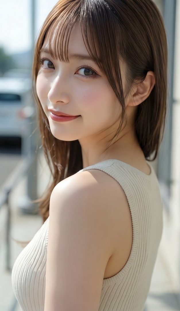 AI-generated close-up portrait of a young East Asian woman with shoulder-length brown hair and bangs, wearing a beige ribbed knit top, smiling softly over her shoulder in bright daylight.