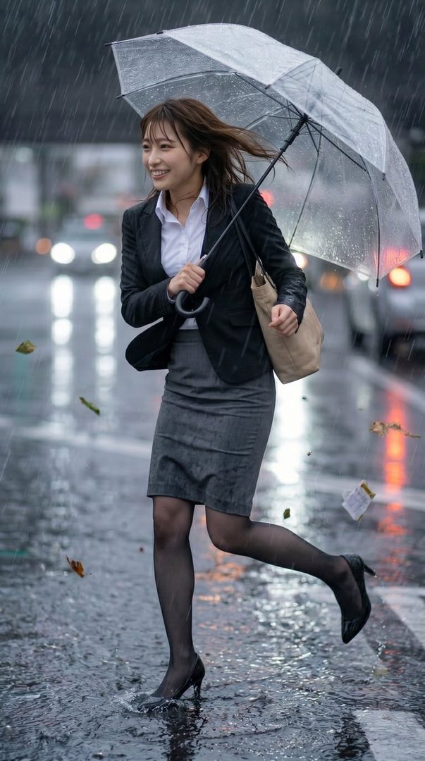 Smiling Japanese woman in business suit holding a clear umbrella while stepping through rain on a wet city street at night.
