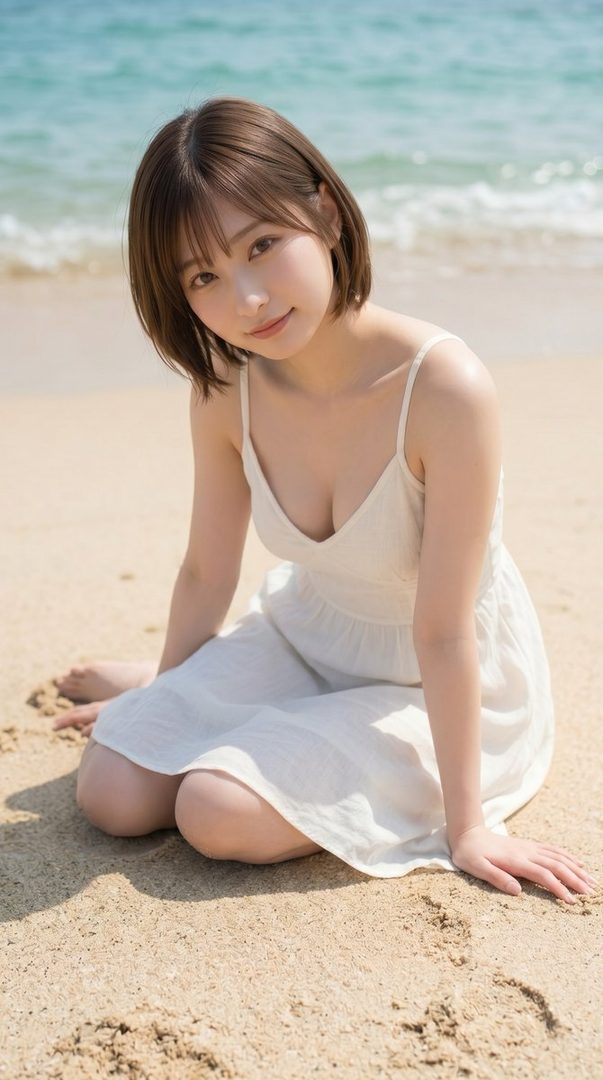 Young woman with short brown bob hair wearing a white sundress, sitting on the sand at a sunny beach with ocean waves behind her.