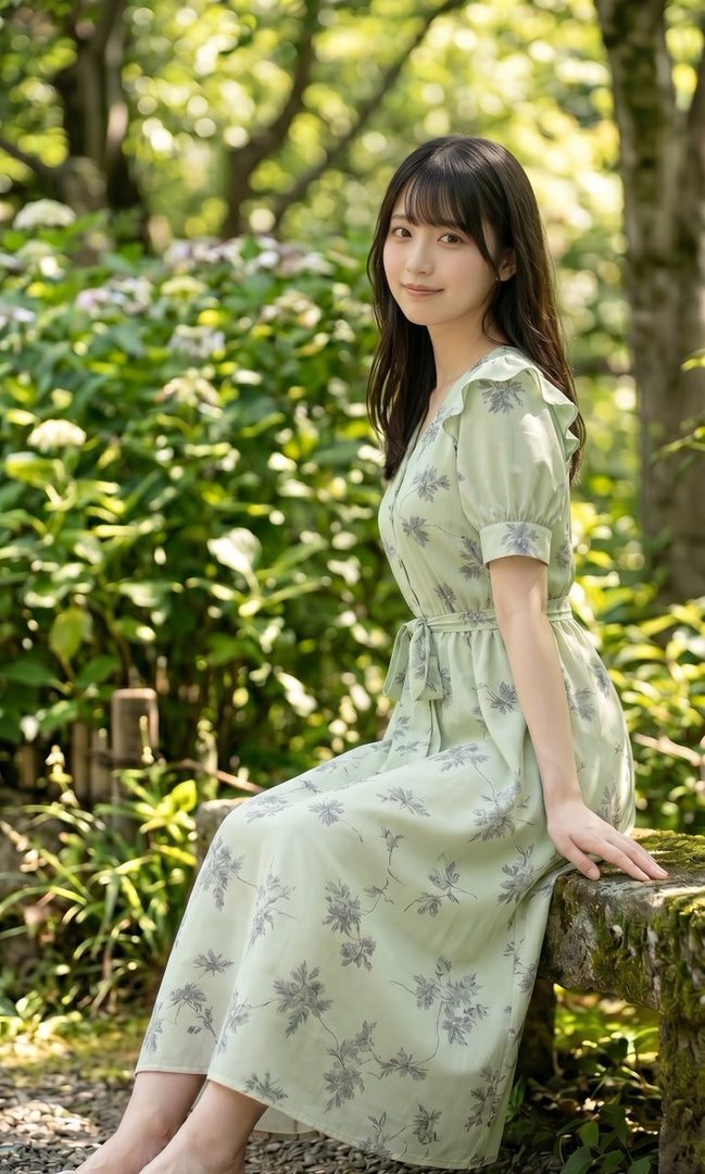 Young woman in a light green floral dress sitting on a mossy stone bench in a lush summer garden.