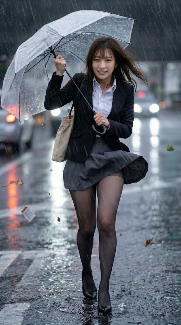 Young woman in blazer and skirt holding a transparent umbrella while walking on a rainy city street at night.
