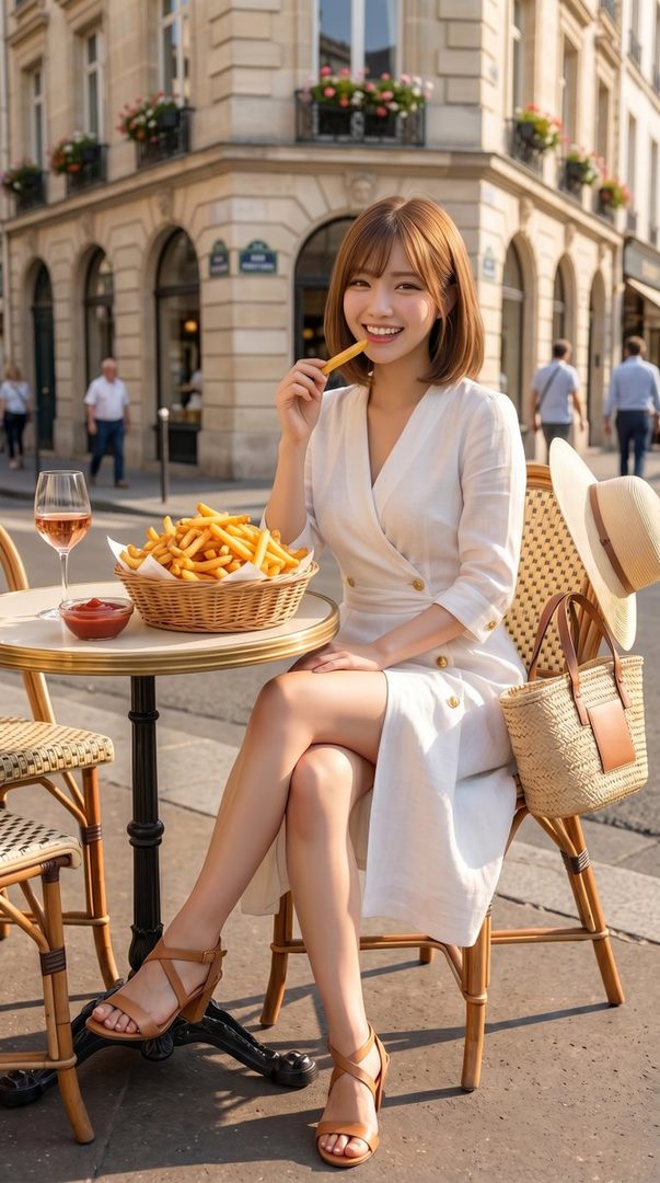 Smiling young woman with light brown bob hair in a white dress enjoying french fries at a sunny outdoor cafe in a European city.