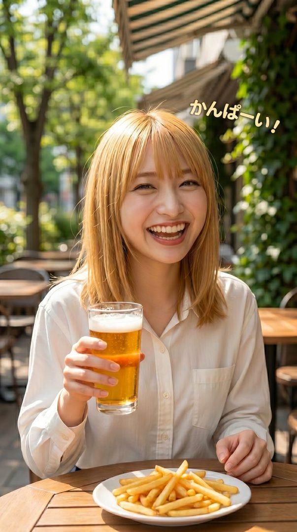 A cheerful blonde woman in a white blouse smiling and raising a glass of beer at an outdoor cafe table with a plate of french fries.