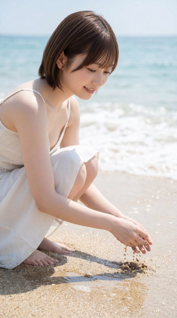 A young East Asian woman with a short brown bob in a flowing white dress squats on the sunny beach, gently playing with sand by the turquoise ocean.