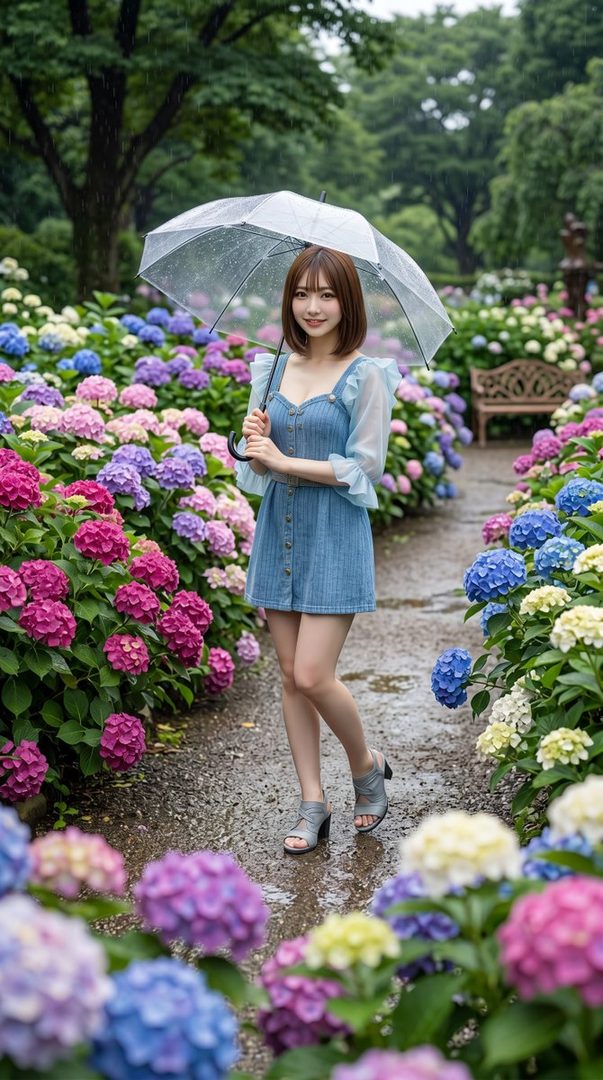 A young woman in a blue denim dress holds a transparent umbrella while standing on a wet path surrounded by colorful hydrangeas in the rain.