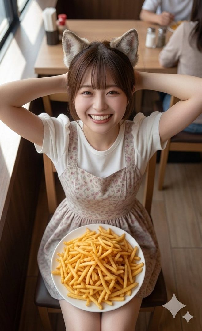 Smiling young woman with cat ears posing with a plate of french fries in a bright cafe setting.