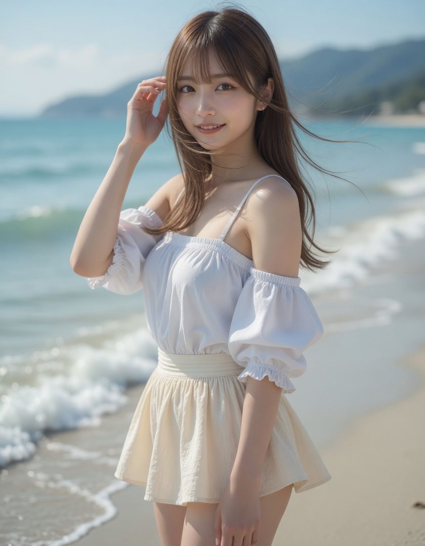 Young woman with long brown hair posing on a sunny beach wearing a white off-shoulder top and light skirt.