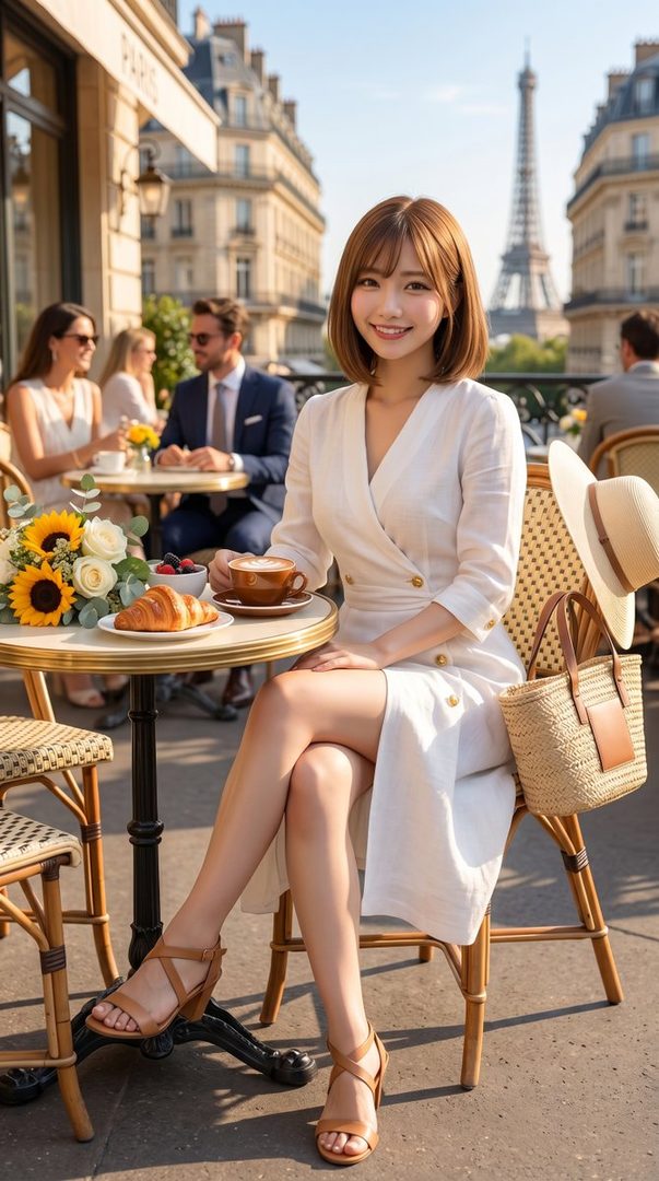 Young woman with a brown bob wearing a white dress, smiling over coffee at a sunny Parisian cafe with the Eiffel Tower in the background.