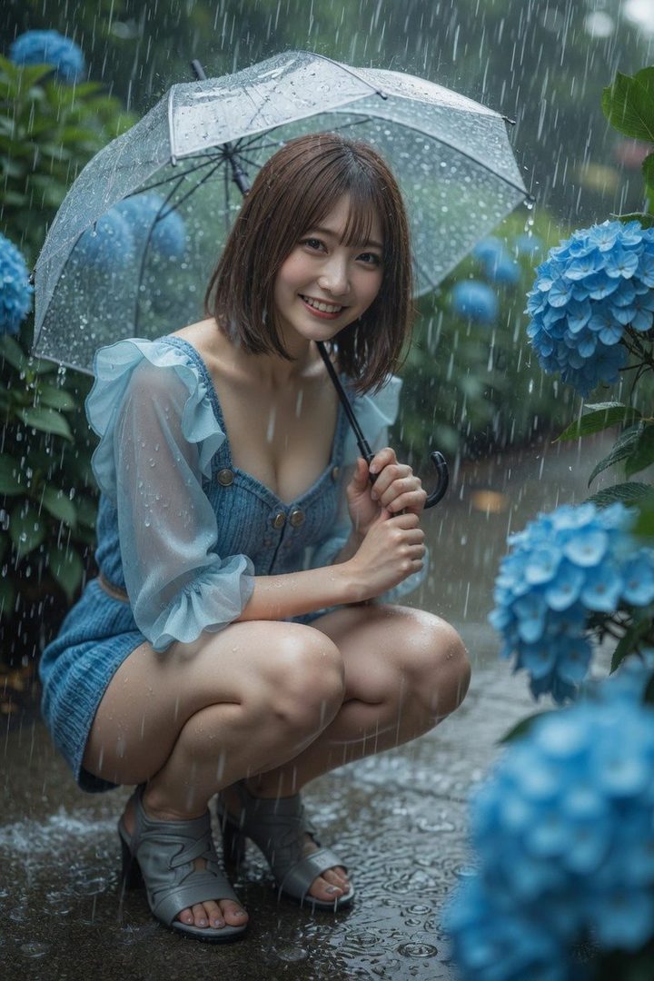 A smiling young woman with a brown bob haircut crouches under a clear umbrella in a rainy garden filled with blue hydrangeas.