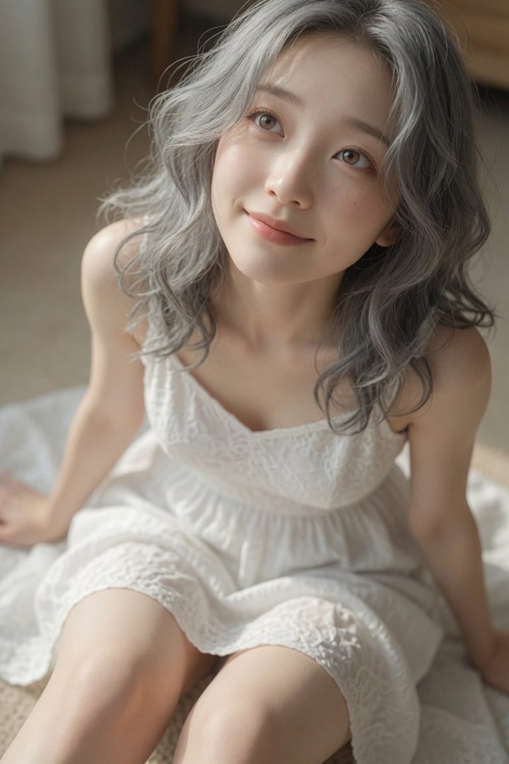 A young woman with silver wavy hair and a white sundress sits indoors, looking up with a gentle smile.