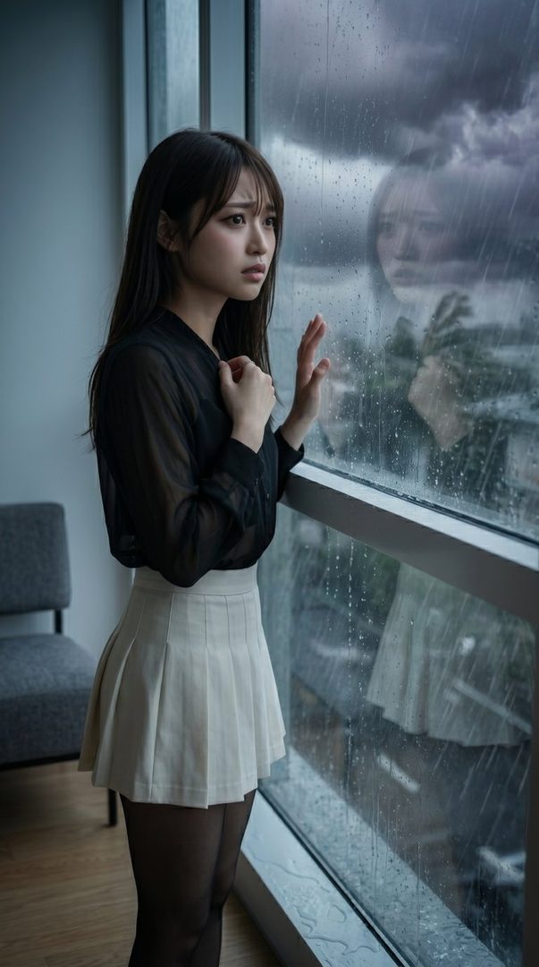 A young East Asian woman in a sheer black blouse and white pleated skirt stands pensively by a rain-streaked window overlooking a stormy cityscape.