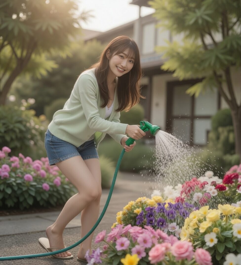 Smiling young woman in casual clothes watering colorful flowers with a hose in a sunny garden.