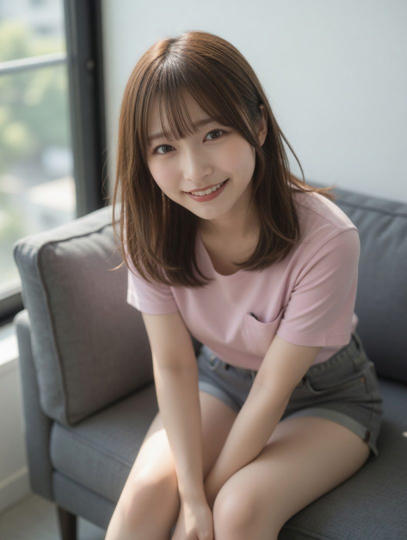 A young Japanese woman with shoulder-length brown hair and bangs smiles while seated on a gray couch indoors wearing a pink t-shirt and denim shorts.