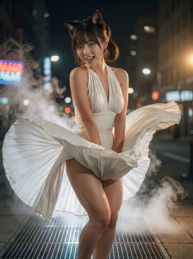 AI-generated portrait of a young woman with cat ears in a flowing white halter dress posing dynamically on a neon-lit city street at night with swirling smoke.