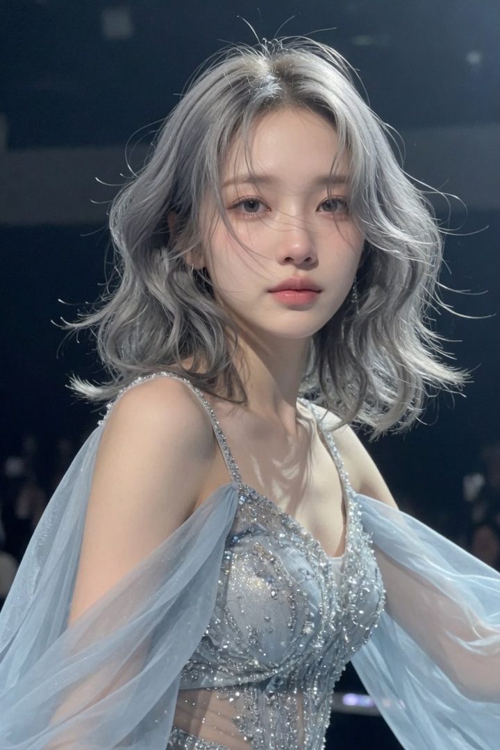 A beautiful woman with silver wavy hair wears a sparkling light blue gown with sheer sleeves, looking gently at the camera.