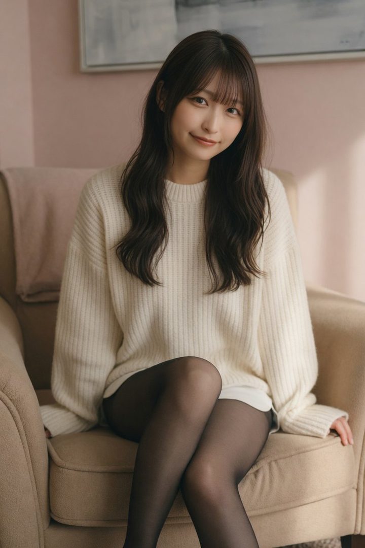 Young East Asian woman with long brown hair in a white knit sweater and black tights, seated on a beige armchair in a softly lit indoor studio setting.