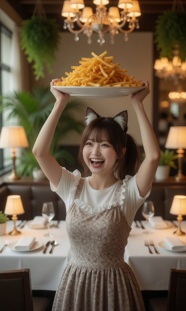 A cheerful young woman with cat ears holding a huge plate of french fries overhead in an elegant restaurant.