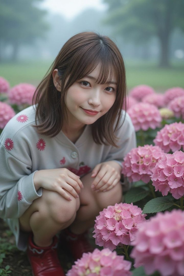 Young woman with brown hair smiling while crouching among pink hydrangeas in a misty park.