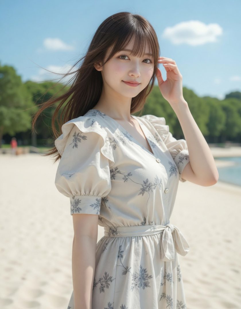 Young woman with long brown hair in a light floral dress standing on a sunny beach with windblown strands.