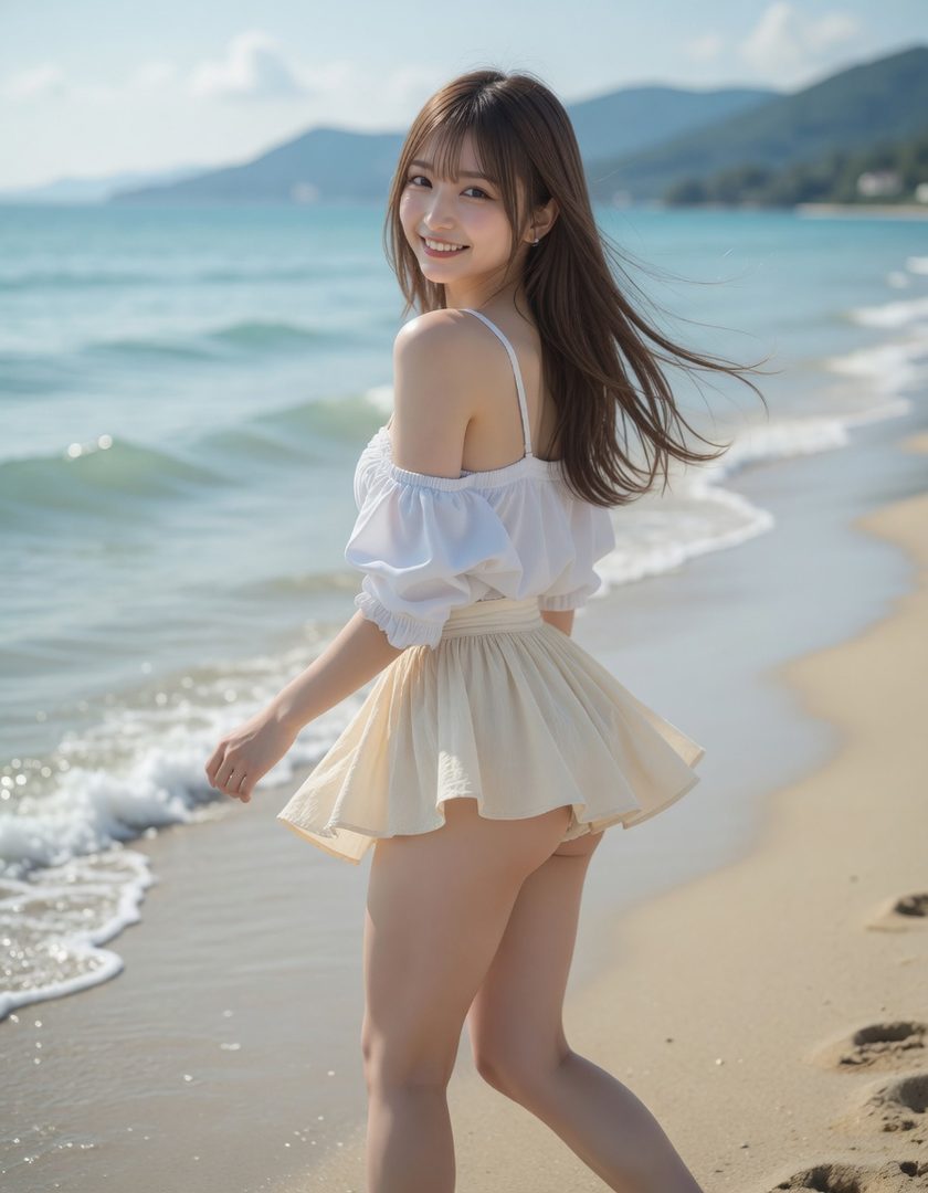 A smiling young woman with long brown hair stands on a sunny beach wearing a white off-shoulder top and pale yellow skirt, ocean waves behind her.