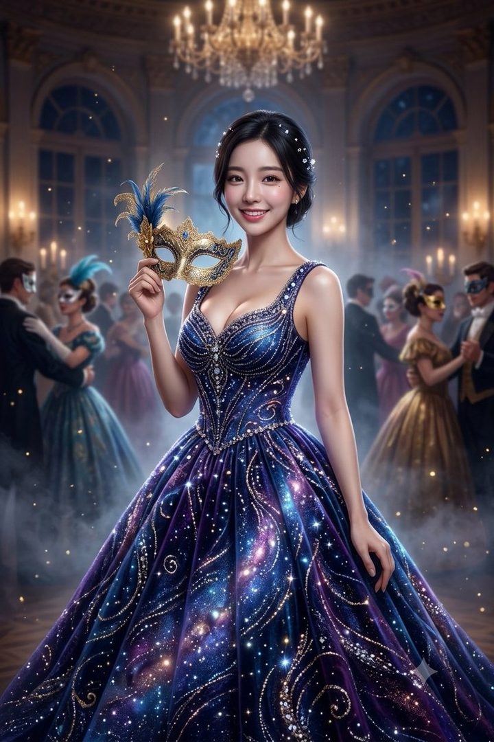 Elegant Asian woman in a sparkling galaxy-themed ball gown holding a golden masquerade mask at a luxurious indoor masquerade ball.