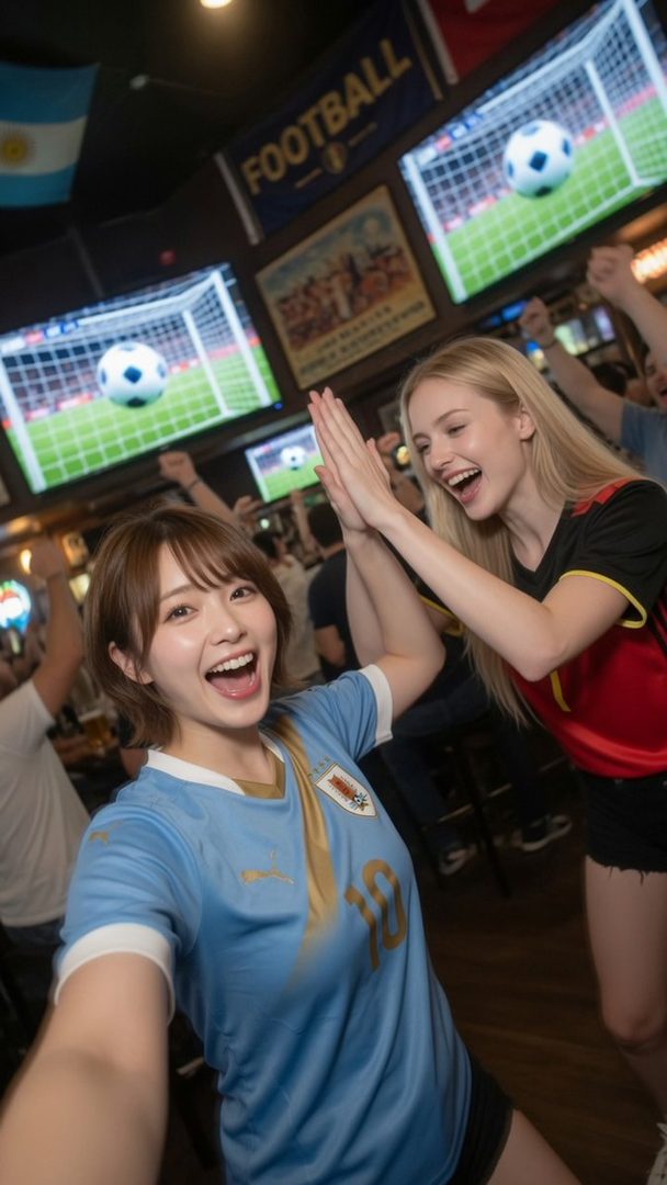Two young women in soccer jerseys excitedly high-fiving for a selfie inside a lively sports bar with football matches on multiple screens.