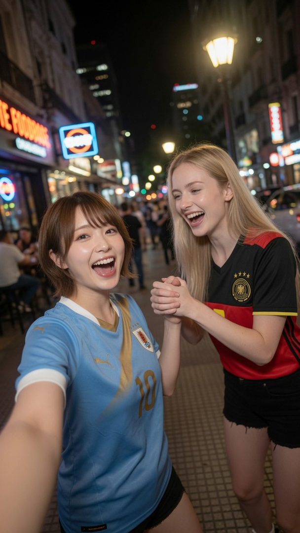 Two young women in soccer jerseys happily taking a nighttime selfie on a bustling city street, one wearing a light blue Uruguay kit and the other a black and red Germany kit.