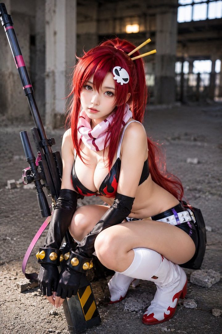 Cosplayer as Yoko Littner from Gurren Lagann crouching with a large rifle inside an abandoned industrial building.