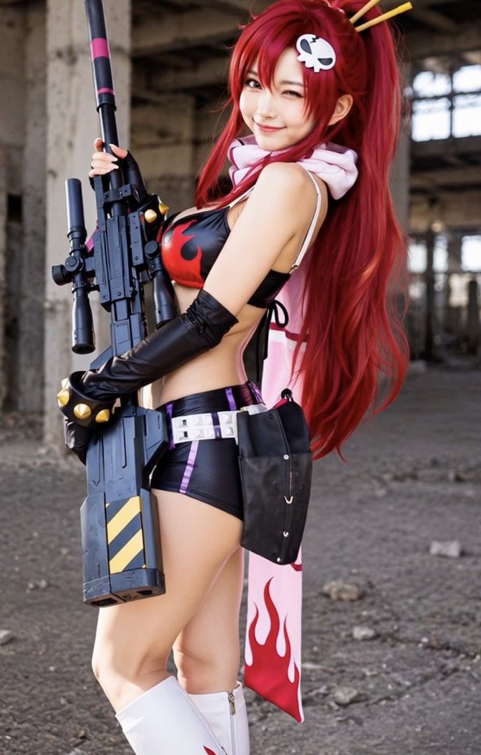 Cosplayer as Yoko Littner from Gurren Lagann posing confidently with a large sniper rifle in an abandoned industrial setting.