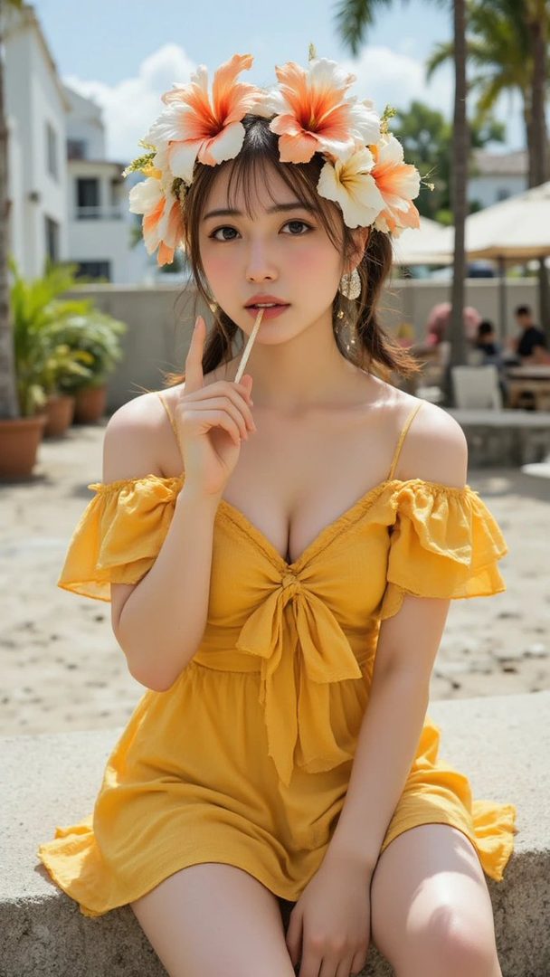 Young woman in a yellow off-shoulder dress and floral crown posing outdoors at a sunny resort while holding a lollipop.