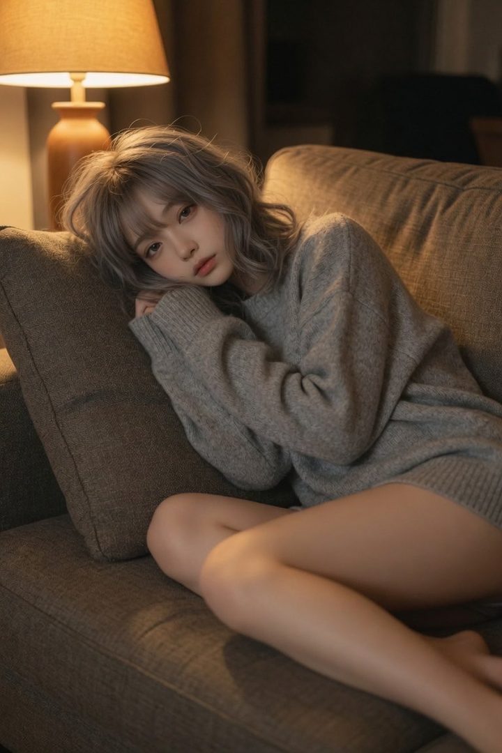 A woman with silver wavy hair and an oversized grey sweater is lying on a couch in a dimly lit room with a warm lamp.