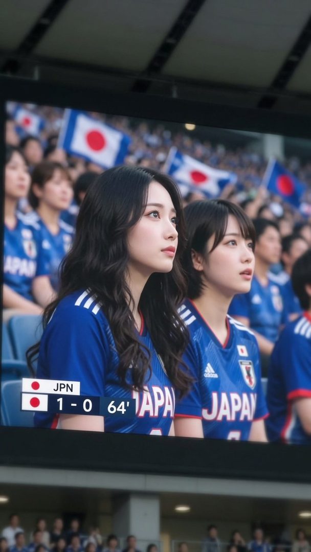 Two young Japanese women in blue national soccer jerseys seated in a stadium during a match with Japanese flags in the background.