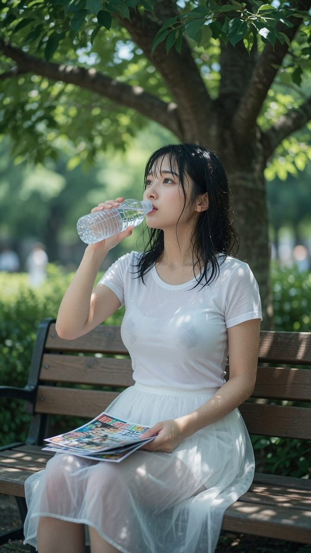 Young Asian woman in a wet white t-shirt and skirt sitting on a park bench while drinking from a water bottle on a sunny day.
