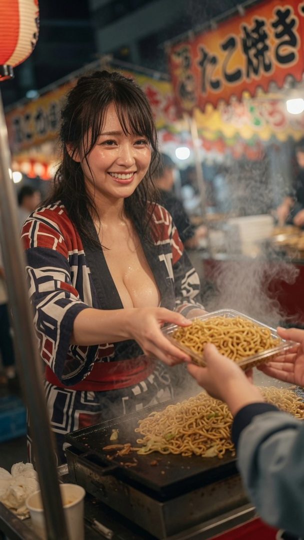 Smiling Japanese woman in festival attire serving steaming noodles at a lively night food stall.