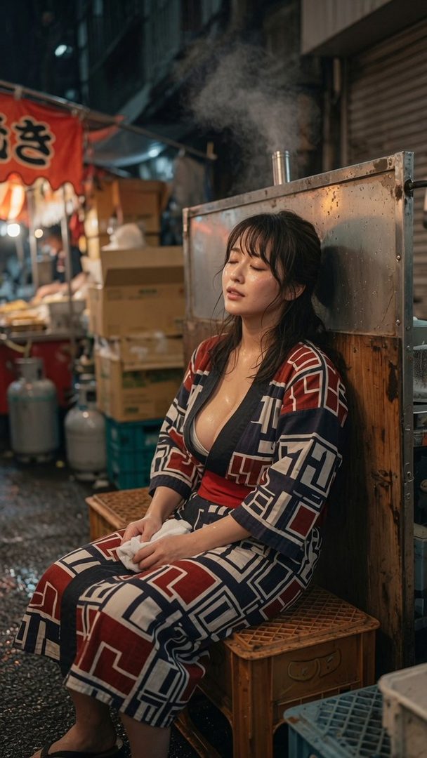 A young woman in a patterned kimono sits on a wooden crate at a lively Japanese night market during a summer festival.