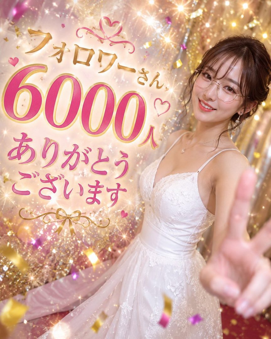 A smiling young woman in a white lace wedding dress making a peace sign against a sparkling golden confetti background.