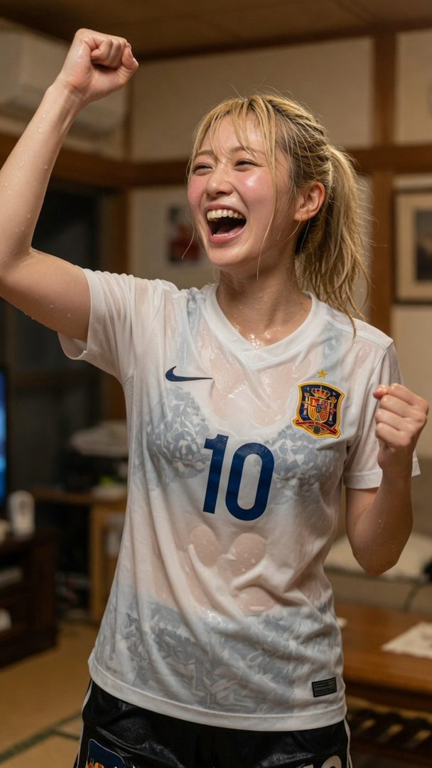A joyful woman with blonde hair in a wet white sports jersey celebrates indoors.