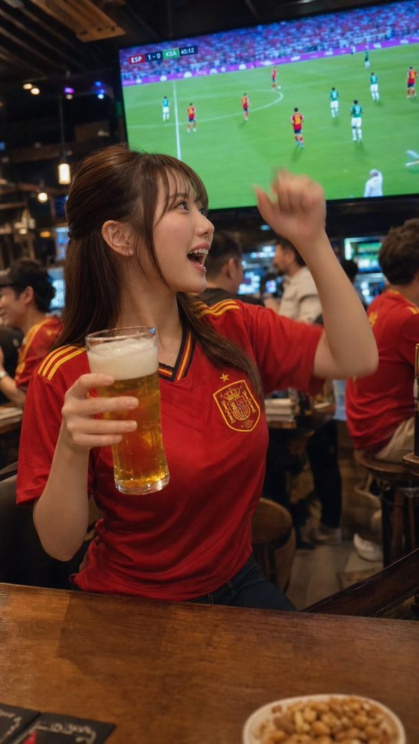 A young woman in a red soccer jersey cheers excitedly while holding a glass of beer in a bar, with a soccer match playing on a large screen in the background.