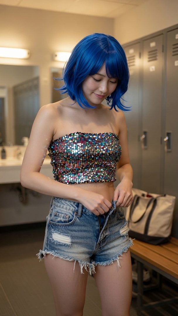 A woman with short blue hair and a sequined tube top is adjusting her denim shorts in what appears to be a locker room.