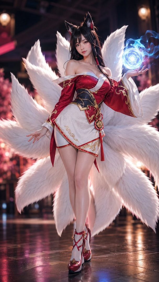 A woman in a red and white traditional-style outfit with fox ears and multiple white tails, holding a glowing blue orb.