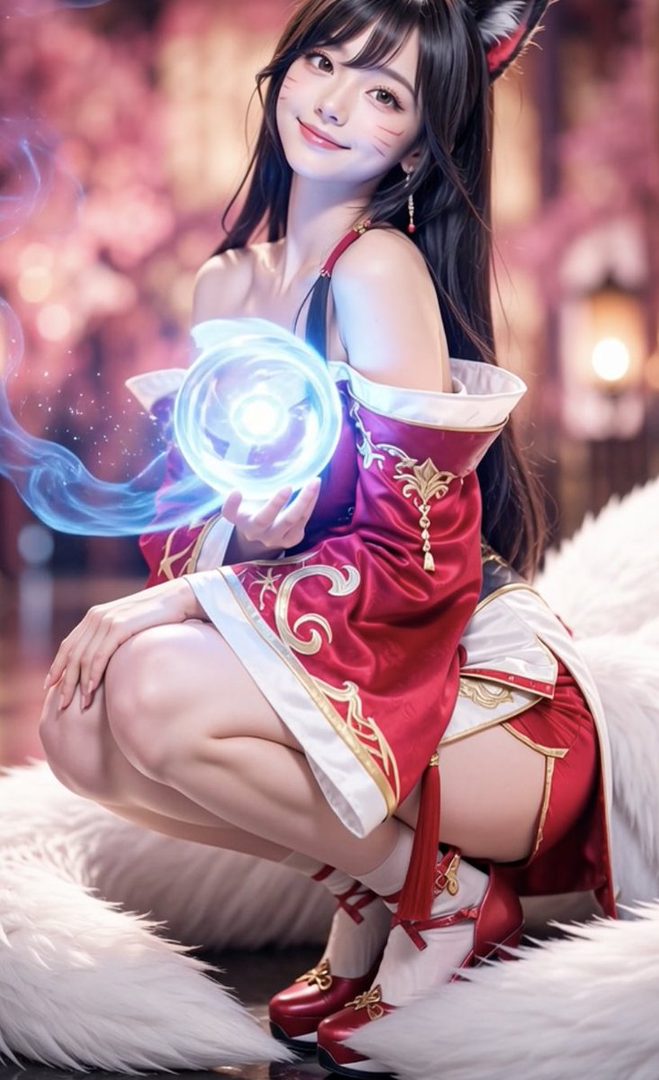 A photorealistic image of a woman cosplaying as Ahri from League of Legends, holding a glowing blue orb.