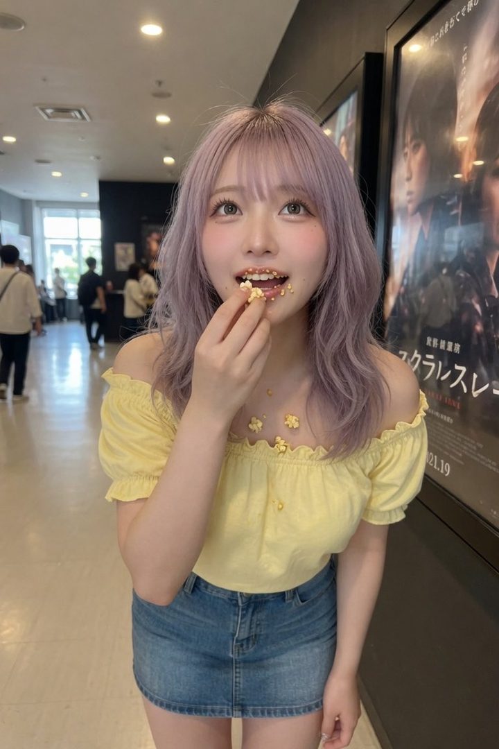 A young woman with lavender hair and a yellow off-shoulder top is playfully eating popcorn in a movie theater lobby.