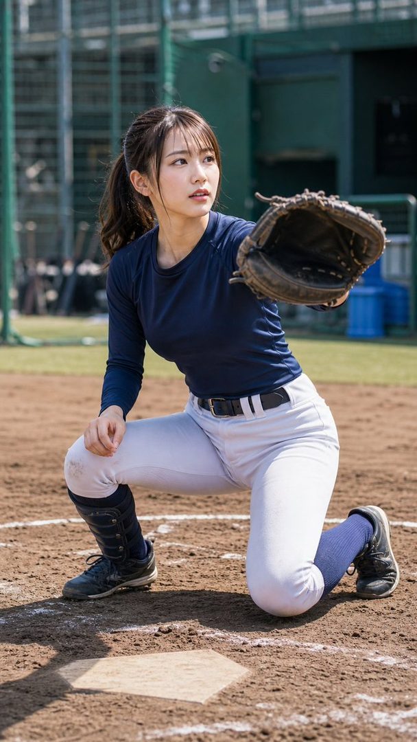 A young woman in a baseball uniform and glove kneels on a baseball field, looking intently into the distance.