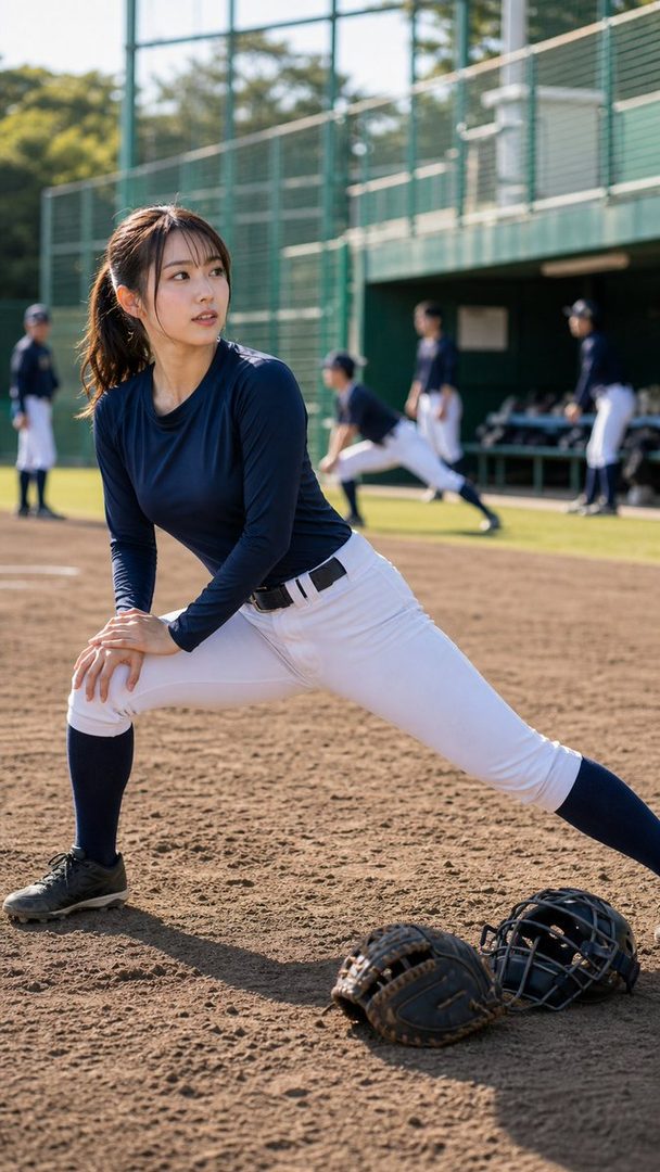 A young woman in a baseball uniform stretches on a dirt field with other players in the background.