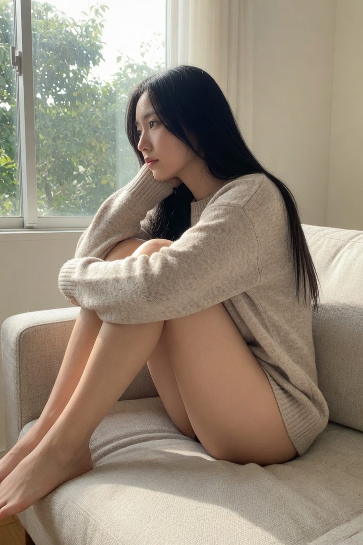 A young woman with long black hair sits on a sofa by a window, wearing an oversized beige sweater and looking out thoughtfully.