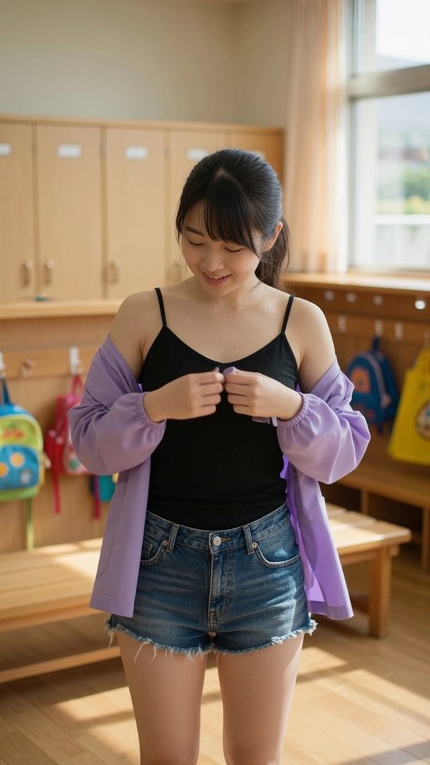 A young Japanese woman with black ponytail hair adjusting her black camisole top while standing in a bright school locker room wearing denim shorts and a purple jacket.